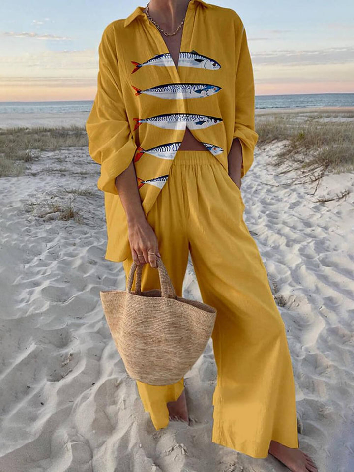 Mae | Set di Camicia Oversize con Stampa Oceanica in Stile Isola e Pantaloni con Tasche a Vita Elastico