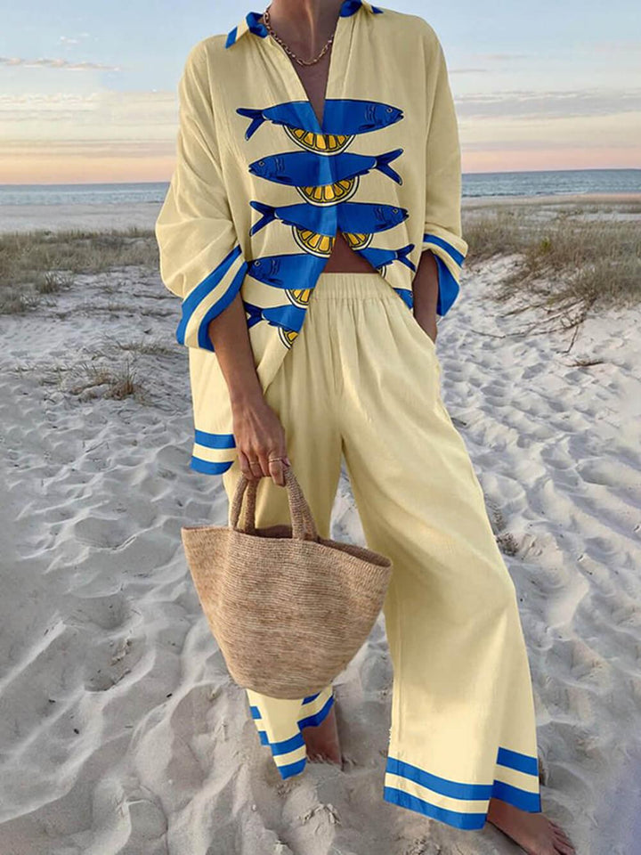 Mae | Set di Camicia Oversize con Stampa Oceanica in Stile Isola e Pantaloni con Tasche a Vita Elastico