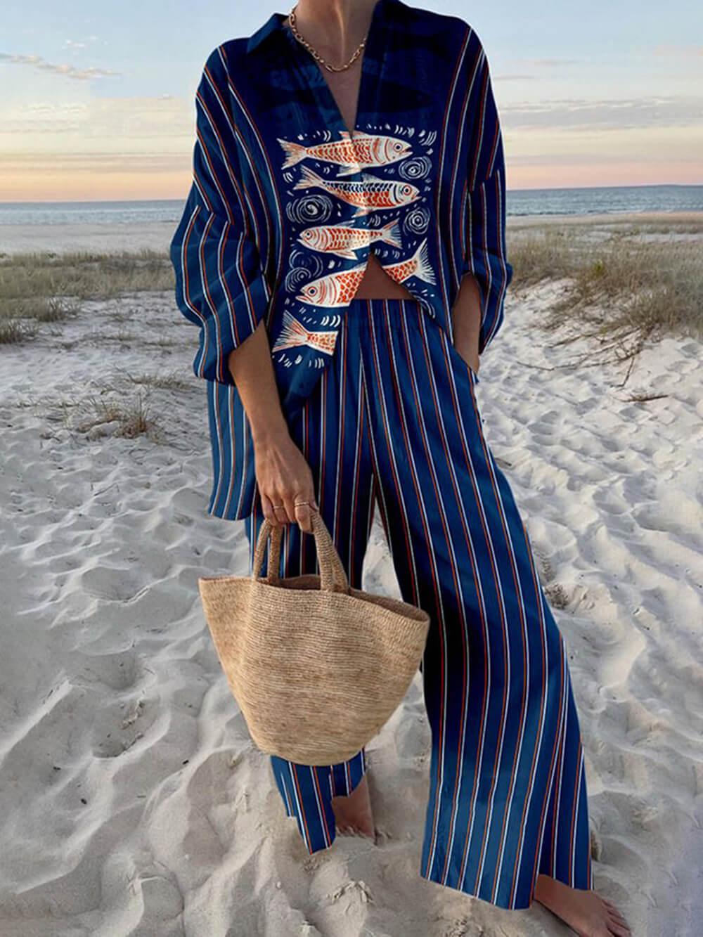 Mae | Set di Camicia Oversize con Stampa Oceanica in Stile Isola e Pantaloni con Tasche a Vita Elastico