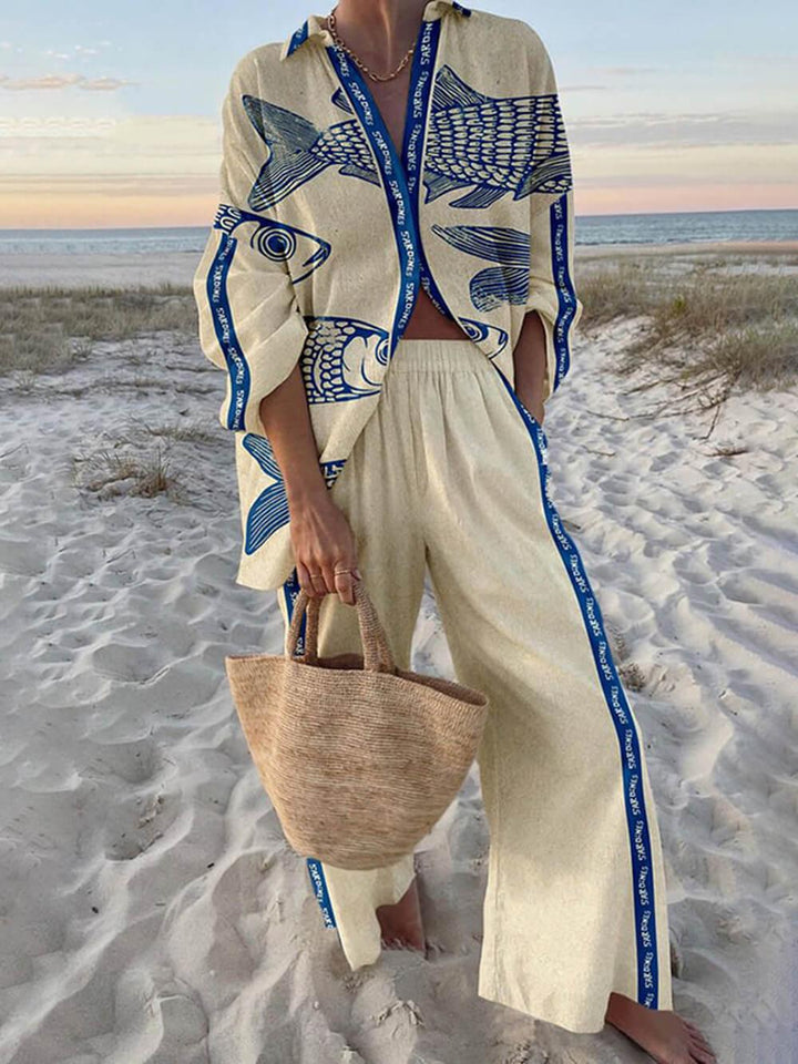 Mae | Set di Camicia Oversize con Stampa Oceanica in Stile Isola e Pantaloni con Tasche a Vita Elastico