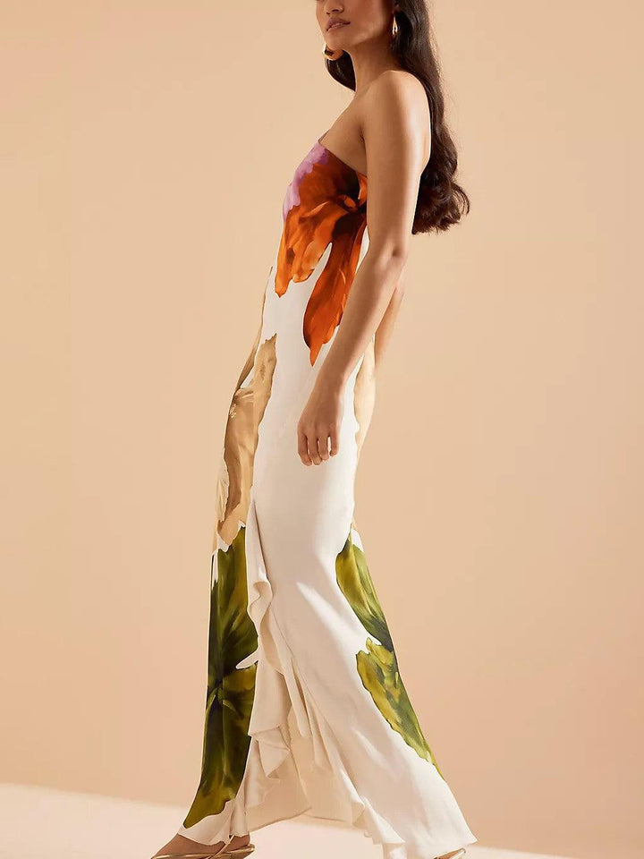 Kira | Abito Maxi Elegante con Stampa Floreale a Spalla Scoperta