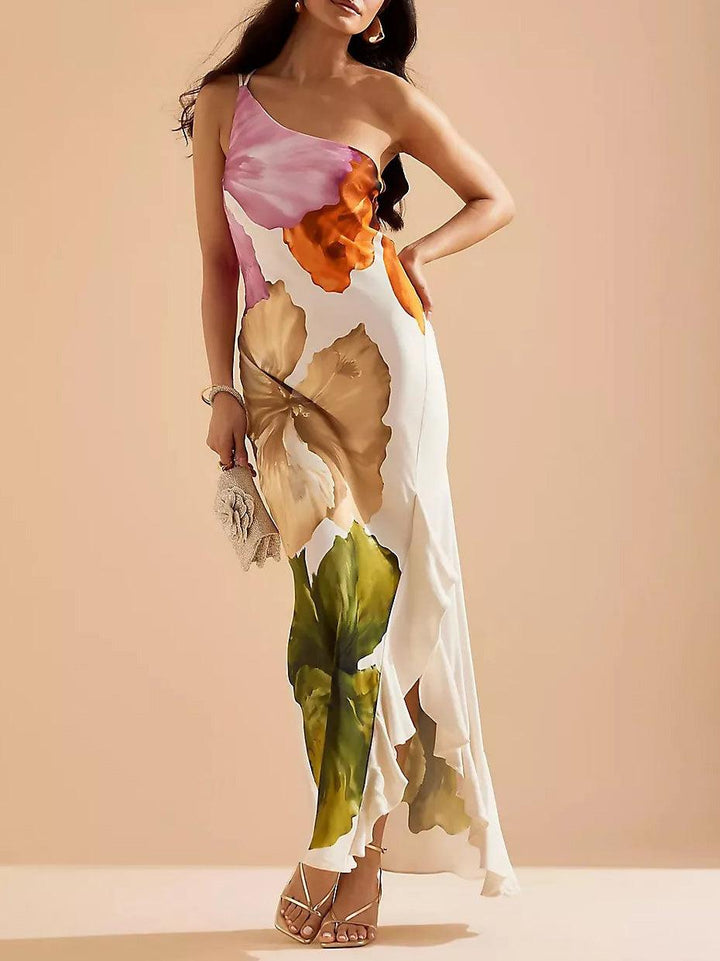 Kira | Abito Maxi Elegante con Stampa Floreale a Spalla Scoperta