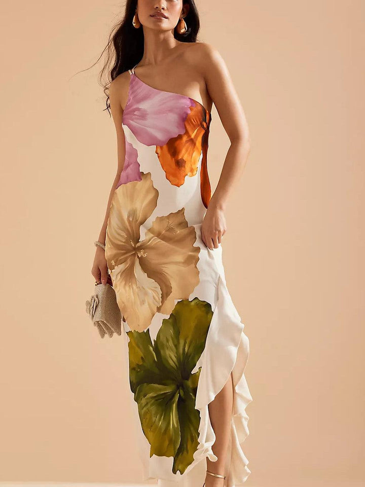 Kira | Abito Maxi Elegante con Stampa Floreale a Spalla Scoperta