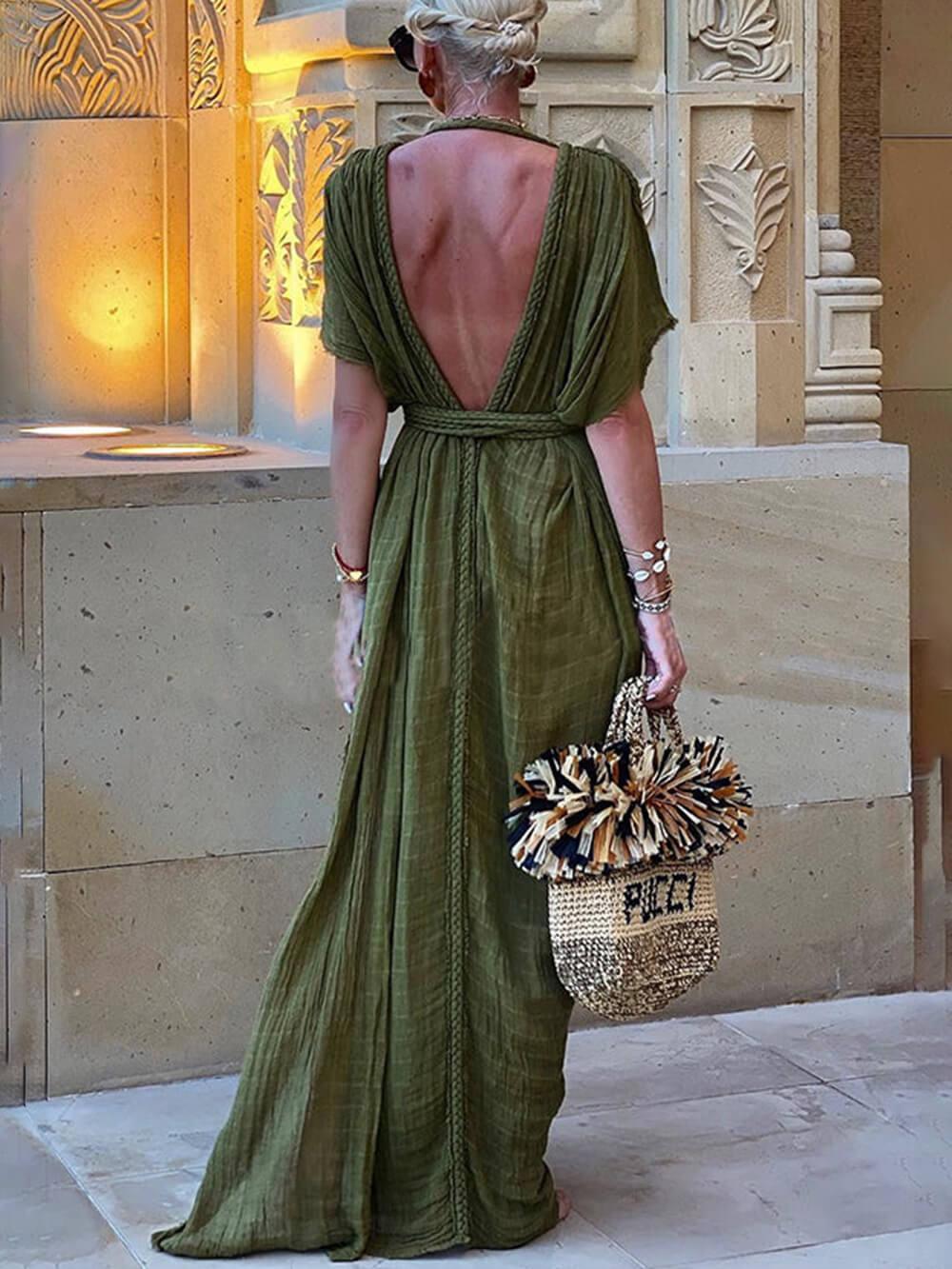 Elena | Vestito Maxi con Copertura a Kimono e Treccine Drappeggiate