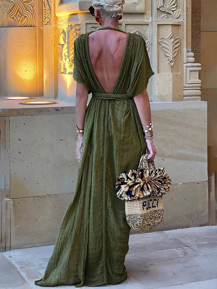 Elena | Vestito Maxi con Copertura a Kimono e Treccine Drappeggiate