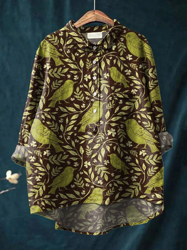 Nora | Camicia Casual con Stampa Artistica di Uccelli e Fiori Vintage da Donna