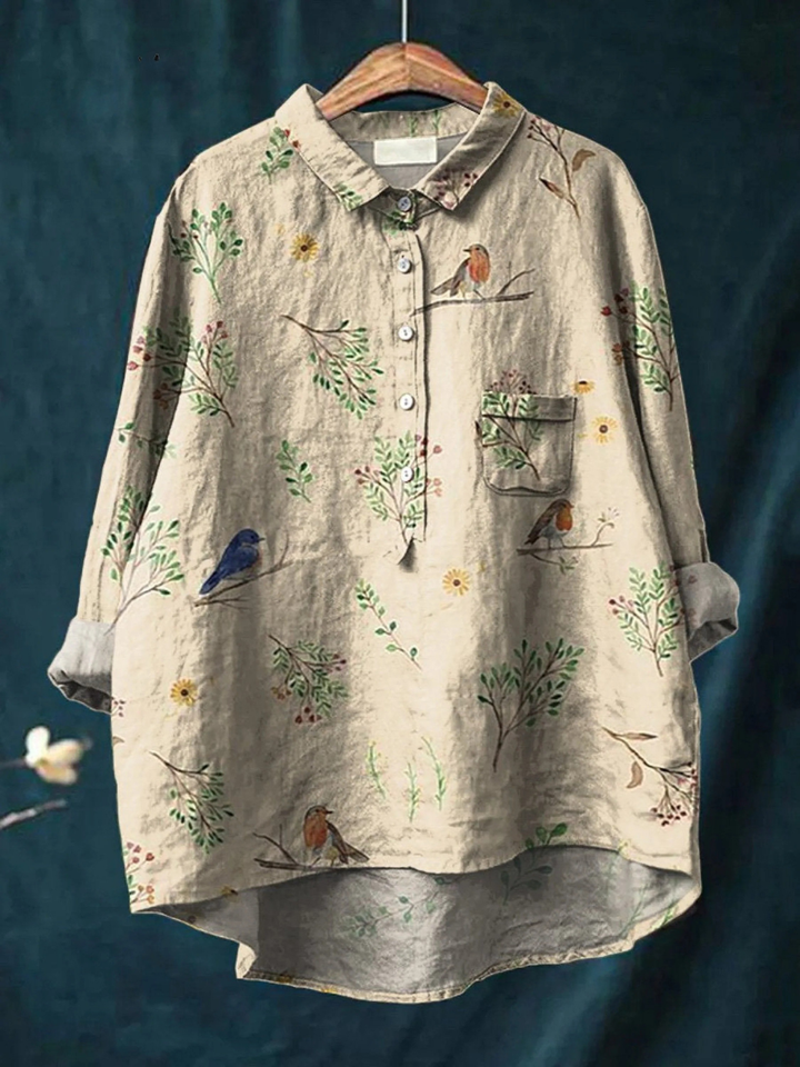 Lorelai | Camicia Casual da Donna Stampata con Motivo Rami e Uccelli Robin