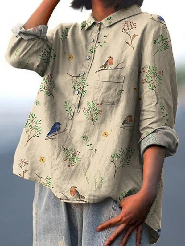 Lorelai | Camicia Casual da Donna Stampata con Motivo Rami e Uccelli Robin