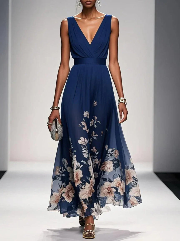 Rosa | Abito Maxi in Chiffon Floreale A V Azzurro Chiaro