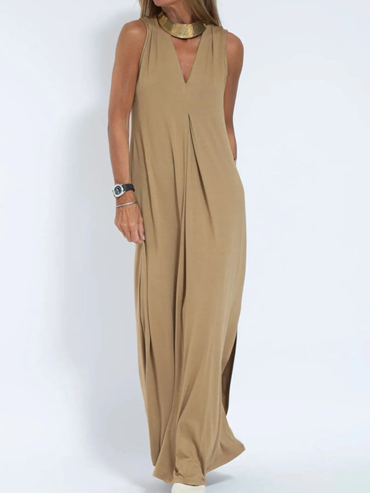 Abito Maxi Senza Maniche con Scollatura a V e Fessura Taglie Forti