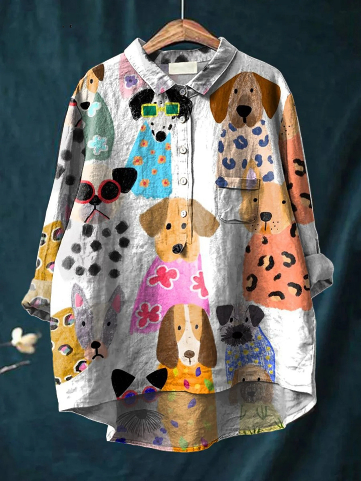 Brigitte | Camicia casual da donna con stampa di cuccioli colorati e divertenti