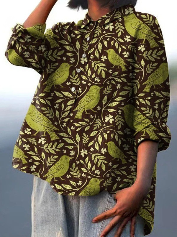 Nora | Camicia Casual con Stampa Artistica di Uccelli e Fiori Vintage da Donna