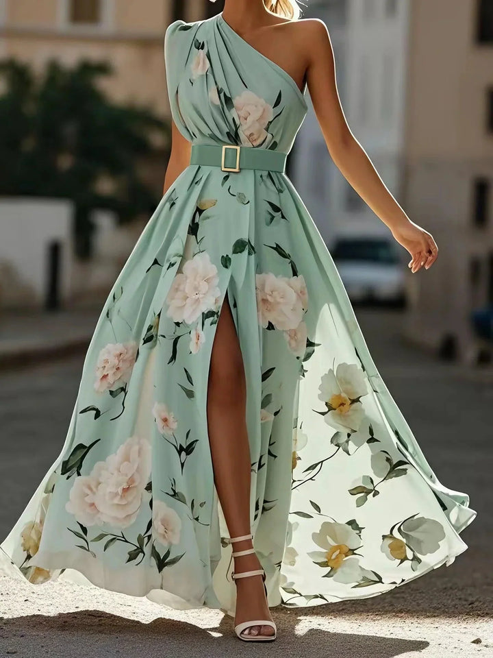 Julie | Abito Maxi Chiffon Verde Chiaro a Spalla Unica