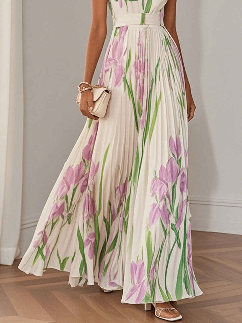 Marie | Abito Maxi in Chiffon a Fiori Pieghettato Bianco
