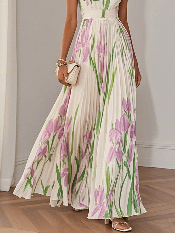 Marie | Abito Maxi in Chiffon a Fiori Pieghettato Bianco