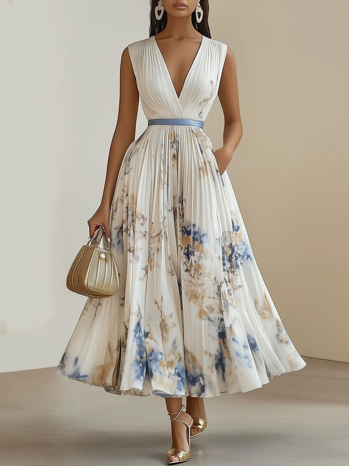 Chloe | Vestito Midi Plissettato in Chiffon Bianco con Scollatura a V