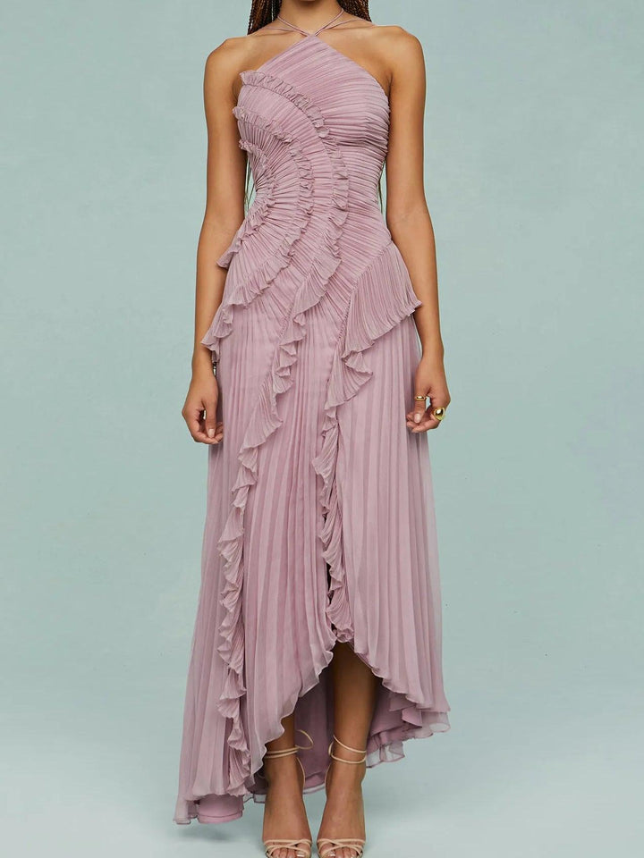 Ruth | Vestito lungo con bretelle plissettate e spacchi