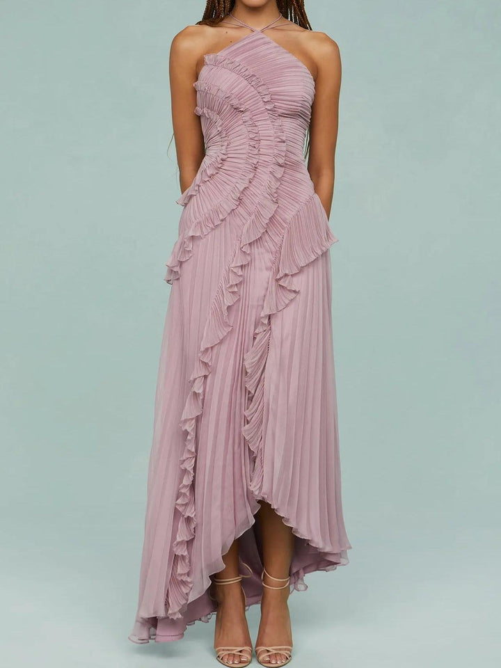 Ruth | Vestito lungo con bretelle plissettate e spacchi