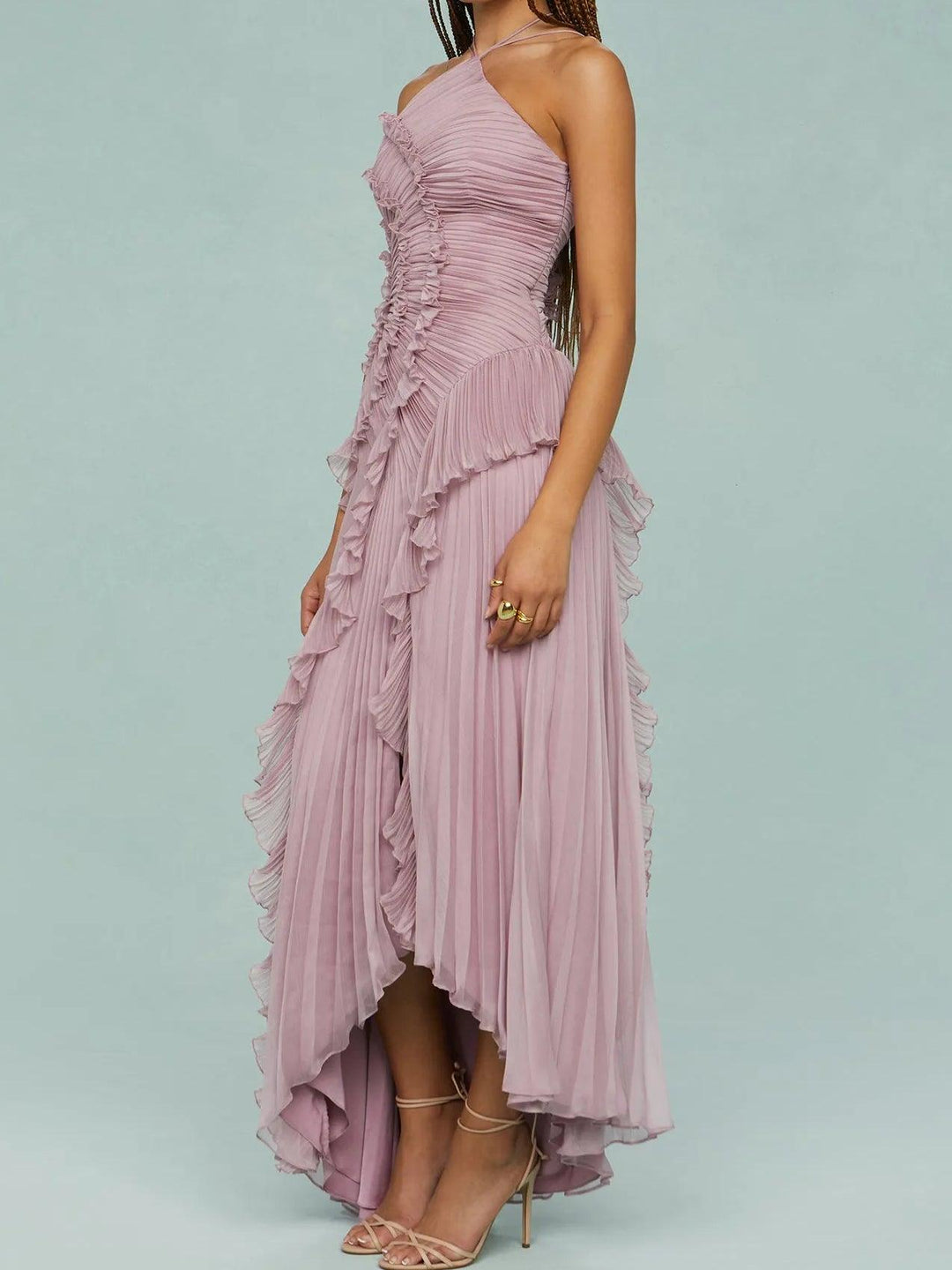Ruth | Vestito lungo con bretelle plissettate e spacchi
