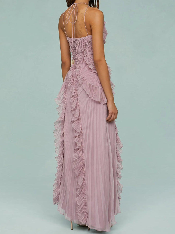 Ruth | Vestito lungo con bretelle plissettate e spacchi