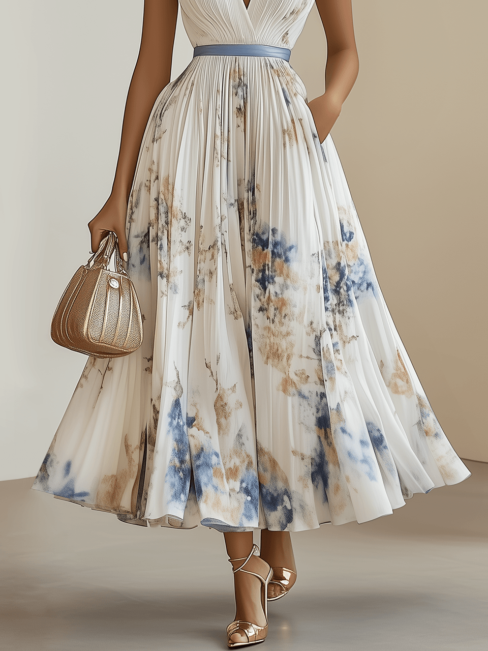 Chloe | Vestito Midi Plissettato in Chiffon Bianco con Scollatura a V
