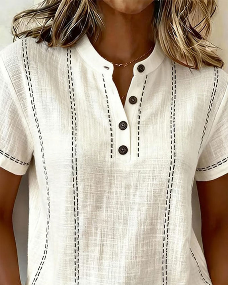 T-shirt Modo Informale Collo a V con Bottoni