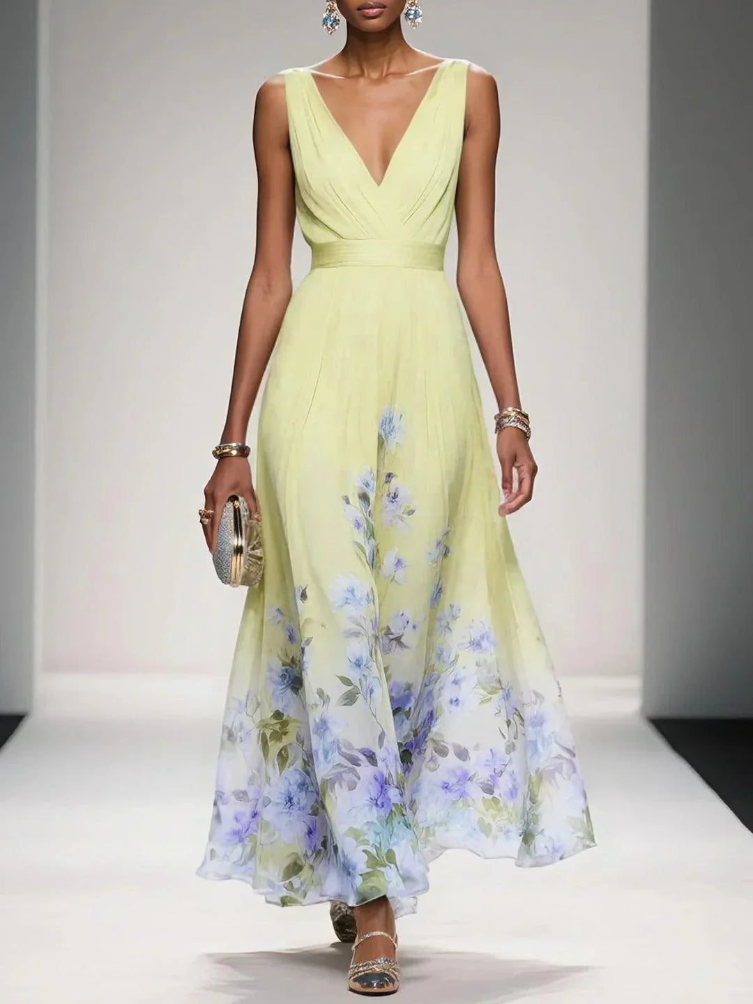 Rosa | Abito Maxi in Chiffon Floreale A V Azzurro Chiaro