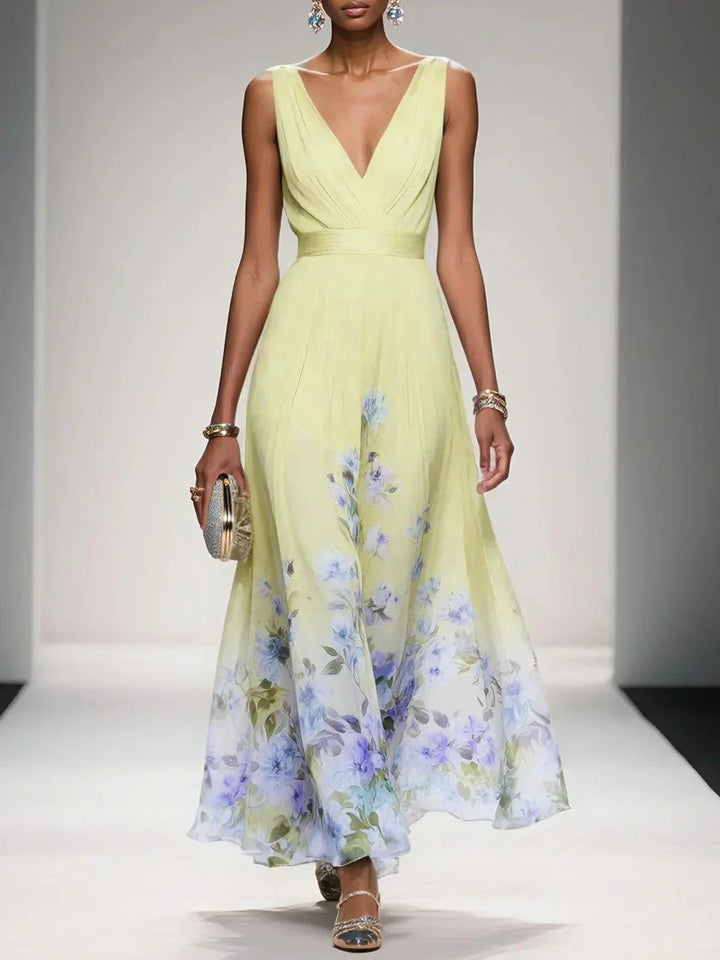 Rosa | Abito Maxi in Chiffon Floreale A V Azzurro Chiaro