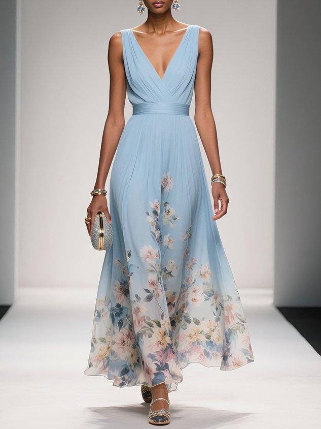 Rosa | Abito Maxi in Chiffon Floreale A V Azzurro Chiaro