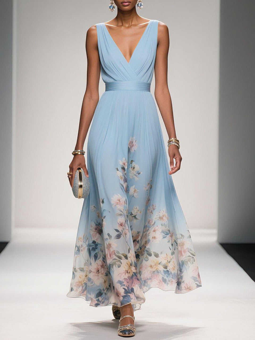 Rosa | Abito Maxi in Chiffon Floreale A V Azzurro Chiaro