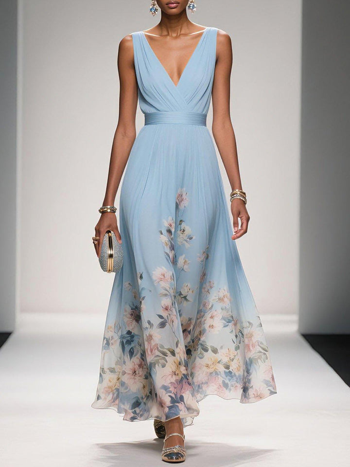Rosa | Abito Maxi in Chiffon Floreale A V Azzurro Chiaro