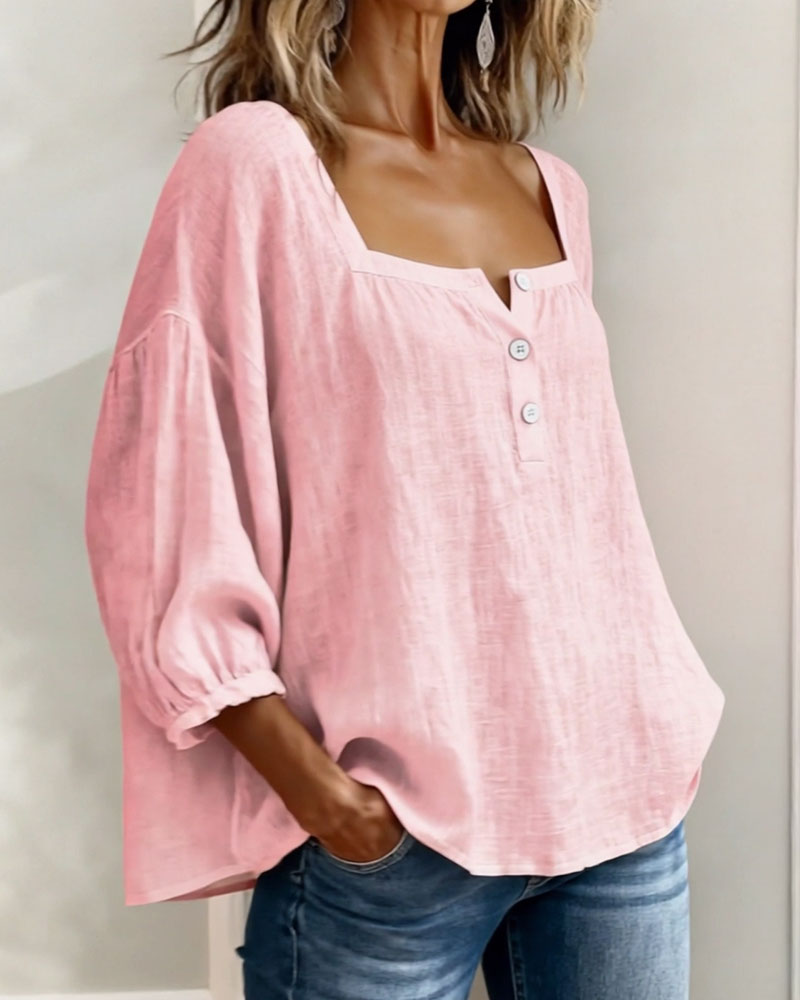 Camicia con Collo Quadrato e Maniche a Palloncino