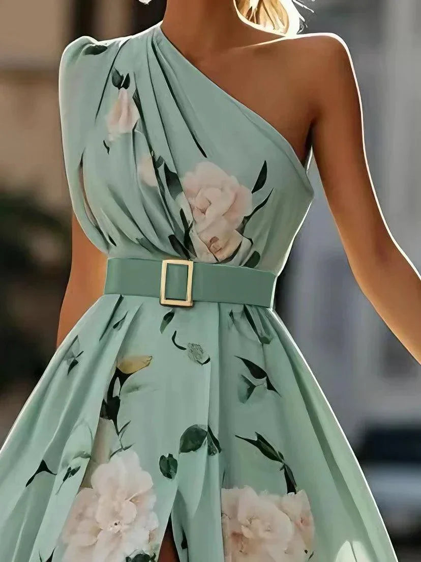 Julie | Abito Maxi Chiffon Verde Chiaro a Spalla Unica