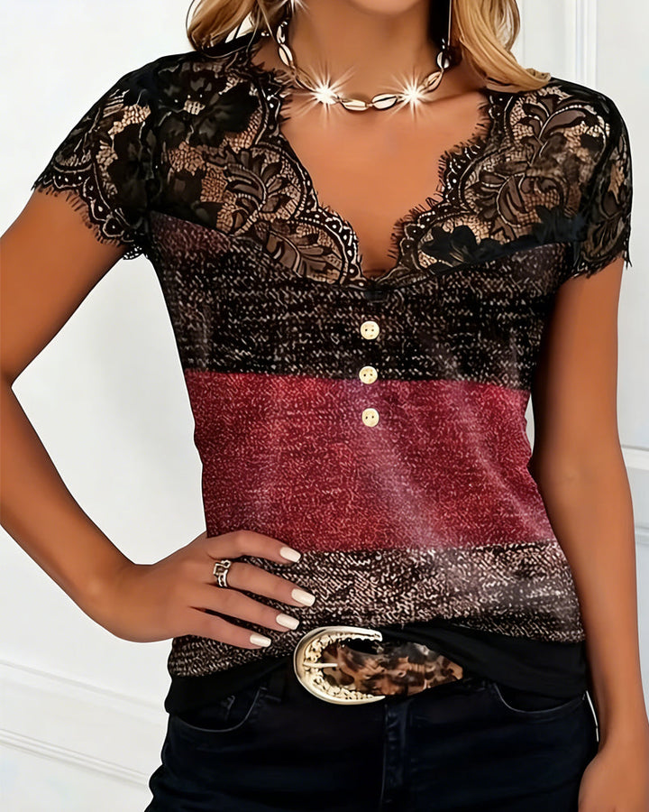Maglietta Collo a V con Pizzo e Patchwork Colorato