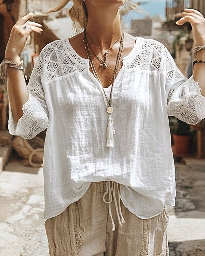 Blusa con Collo a V e Dettaglio in Pizzo