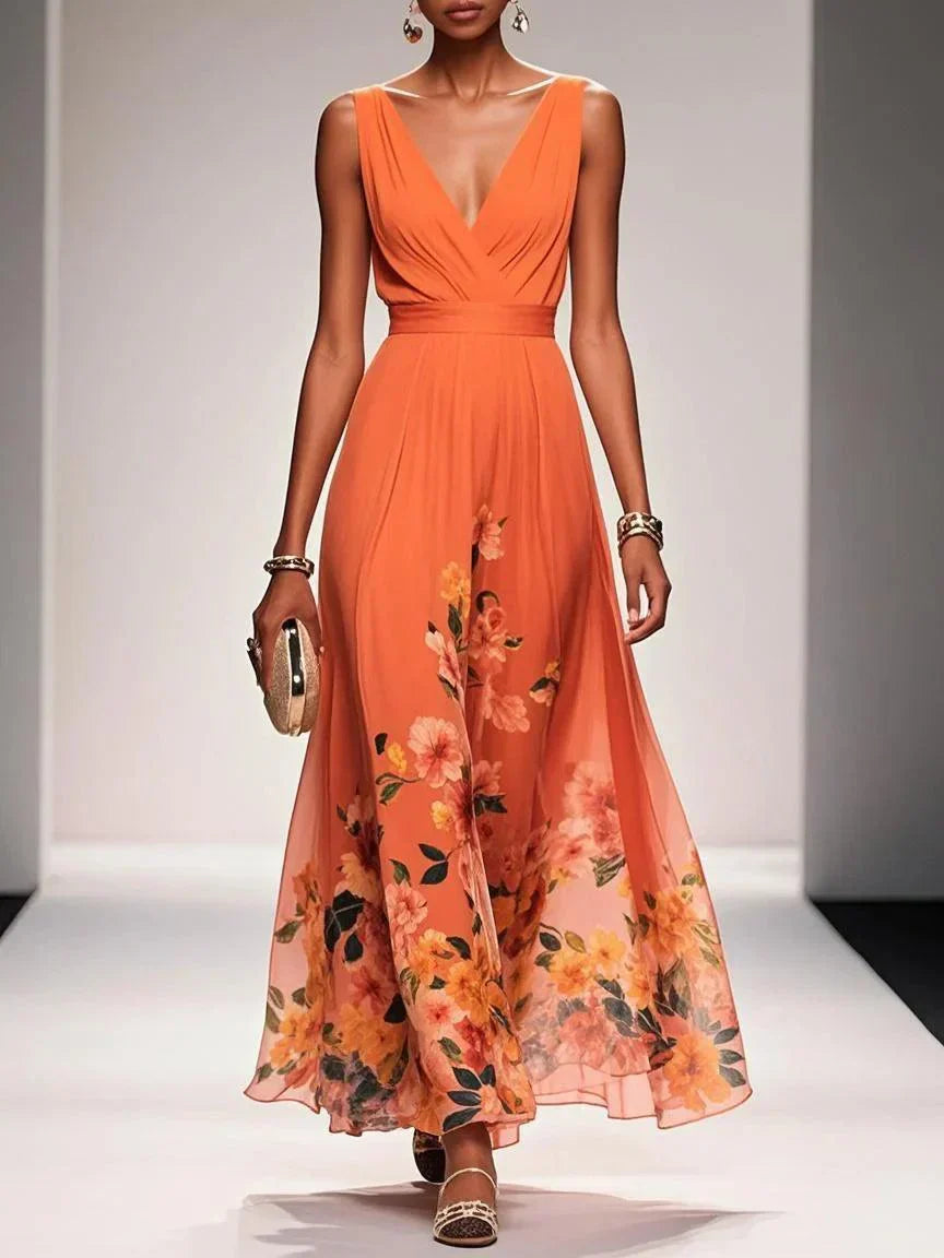 Rosa | Abito Maxi in Chiffon Floreale A V Azzurro Chiaro