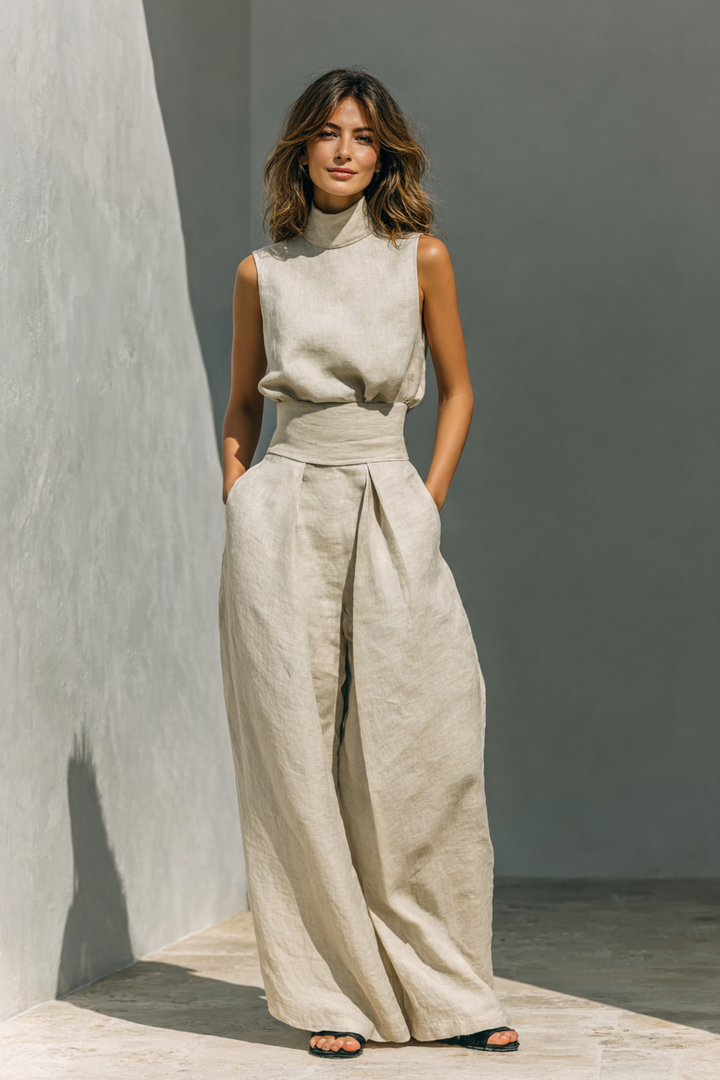 Maria™ | Completo di canotta e pantaloni larghi in cotone e lino minimalista per donna