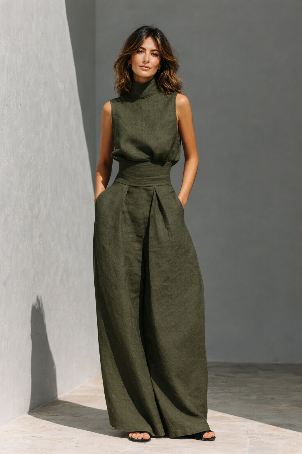 Maria™ | Completo di canotta e pantaloni larghi in cotone e lino minimalista per donna