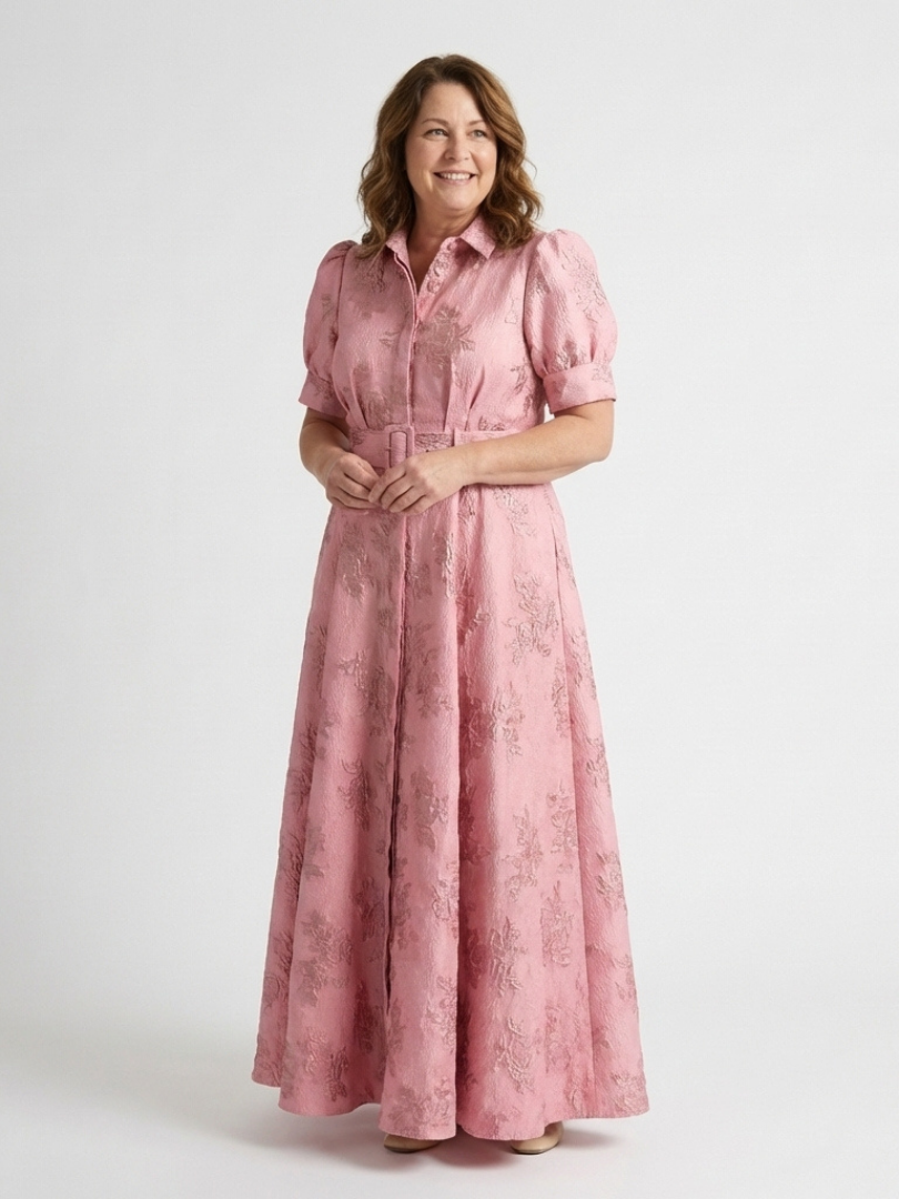 Xanthea | Abito Camicia Maxi a Maniche Corte con Cintura a Fiori Testurizzati
