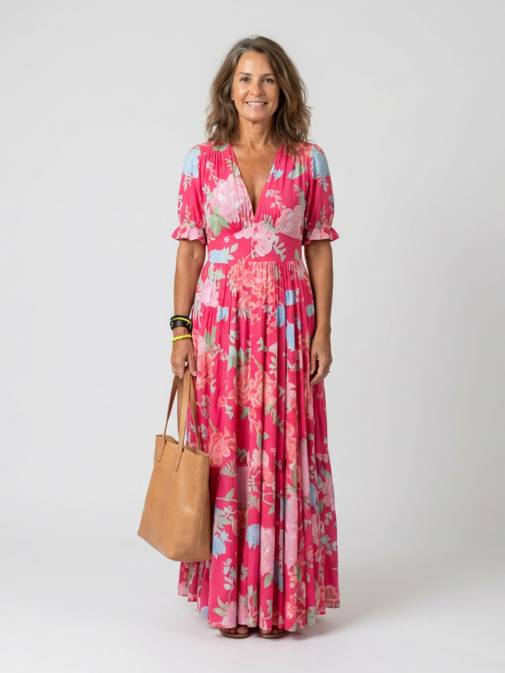 Ione | Abito midi floreale con maniche corte e scollo a V
