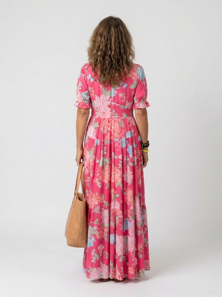 Ione | Abito midi floreale con maniche corte e scollo a V