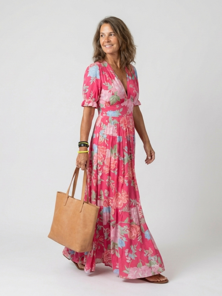 Ione | Abito midi floreale con maniche corte e scollo a V