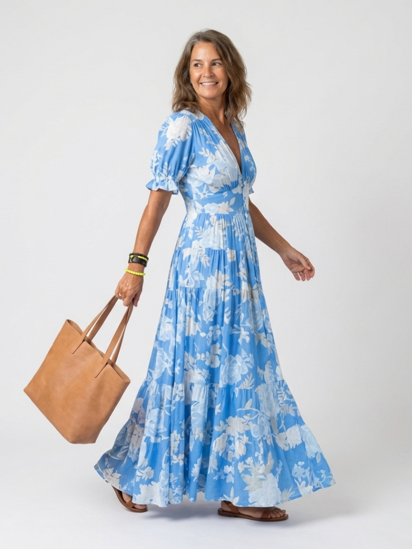 Ione | Abito midi floreale con maniche corte e scollo a V