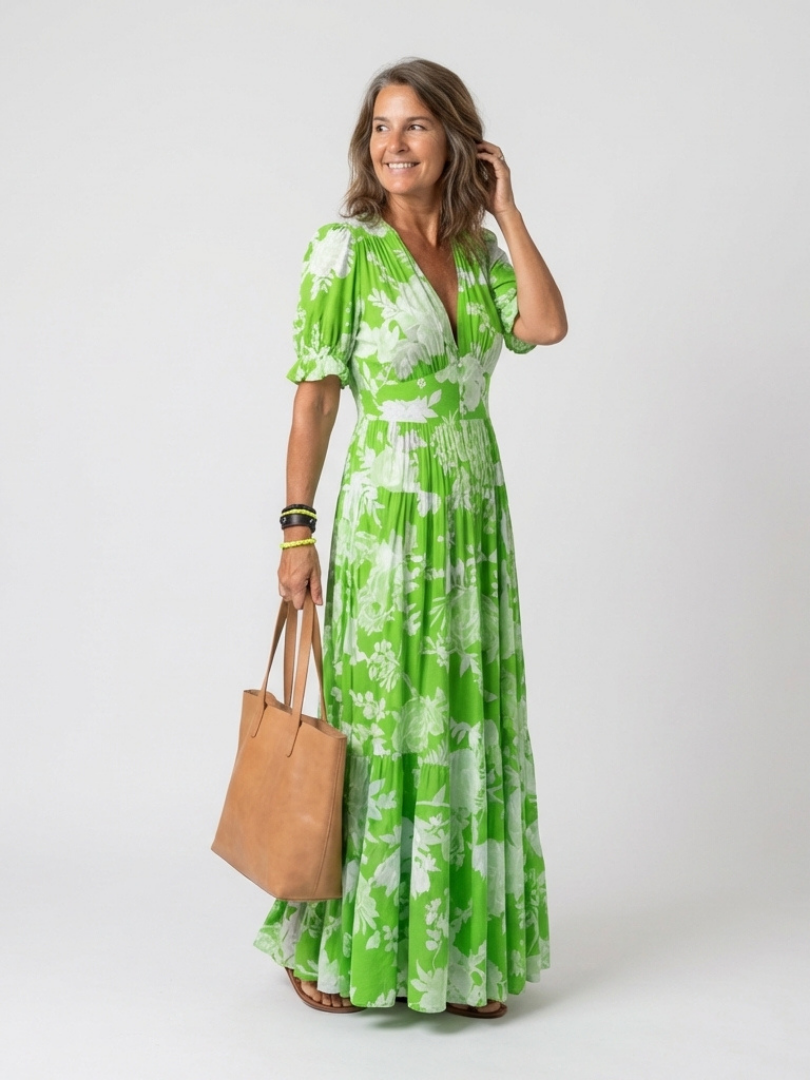 Ione | Abito midi floreale con maniche corte e scollo a V