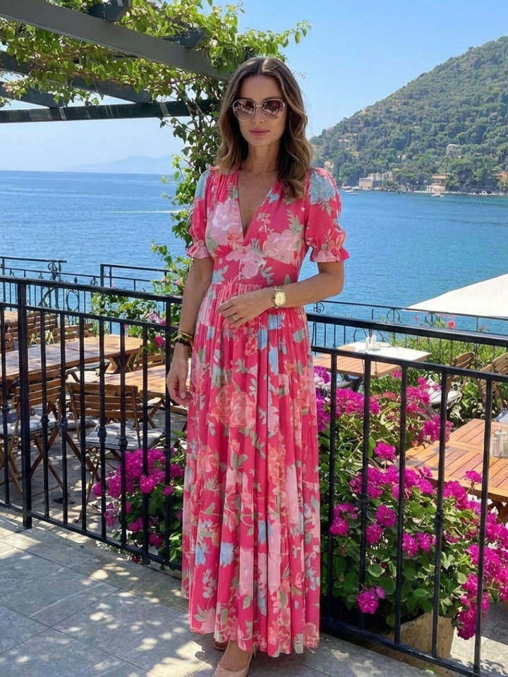 Ione | Abito midi floreale con maniche corte e scollo a V
