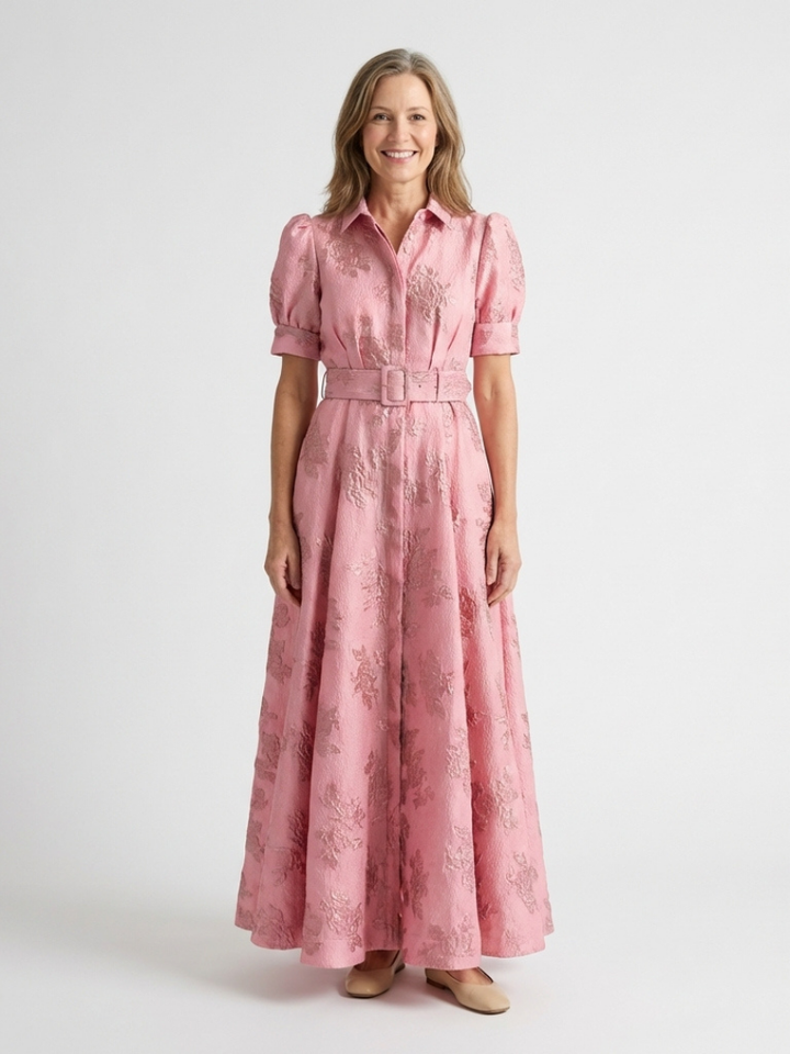 Xanthea | Abito Camicia Maxi a Maniche Corte con Cintura a Fiori Testurizzati