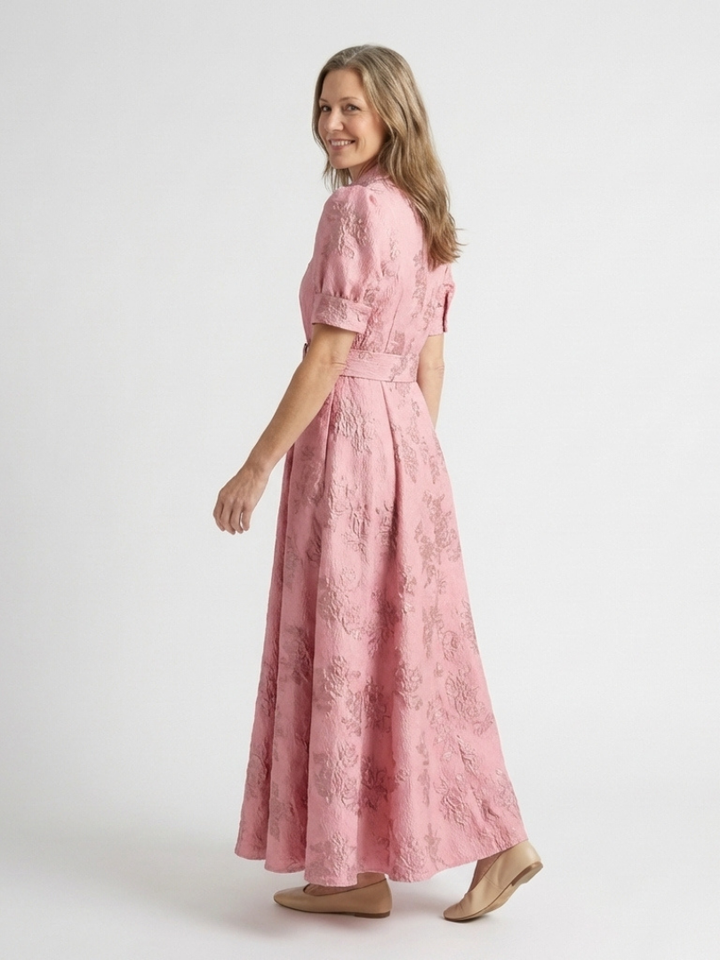 Xanthea | Abito Camicia Maxi a Maniche Corte con Cintura a Fiori Testurizzati