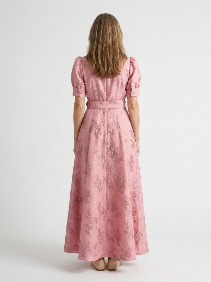 Xanthea | Abito Camicia Maxi a Maniche Corte con Cintura a Fiori Testurizzati