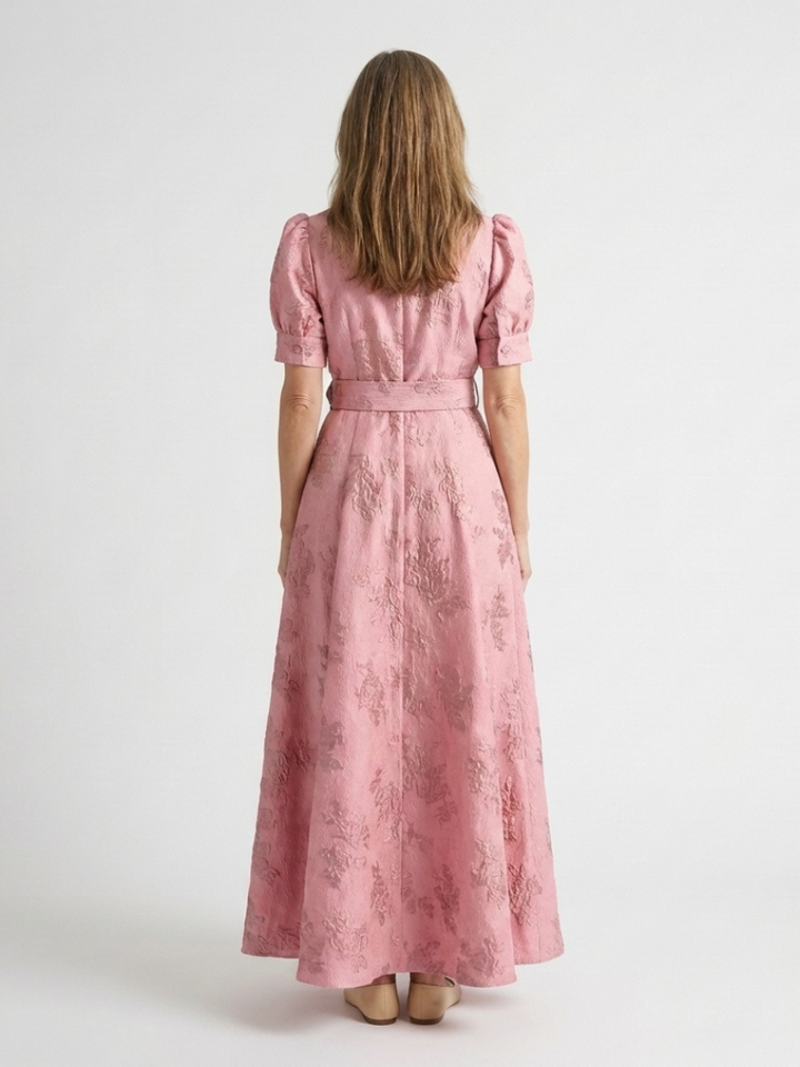 Xanthea | Abito Camicia Maxi a Maniche Corte con Cintura a Fiori Testurizzati
