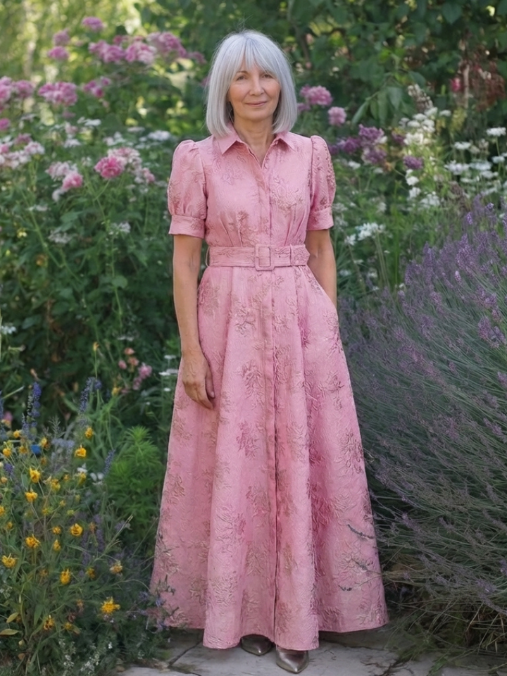 Xanthea | Abito Camicia Maxi a Maniche Corte con Cintura a Fiori Testurizzati